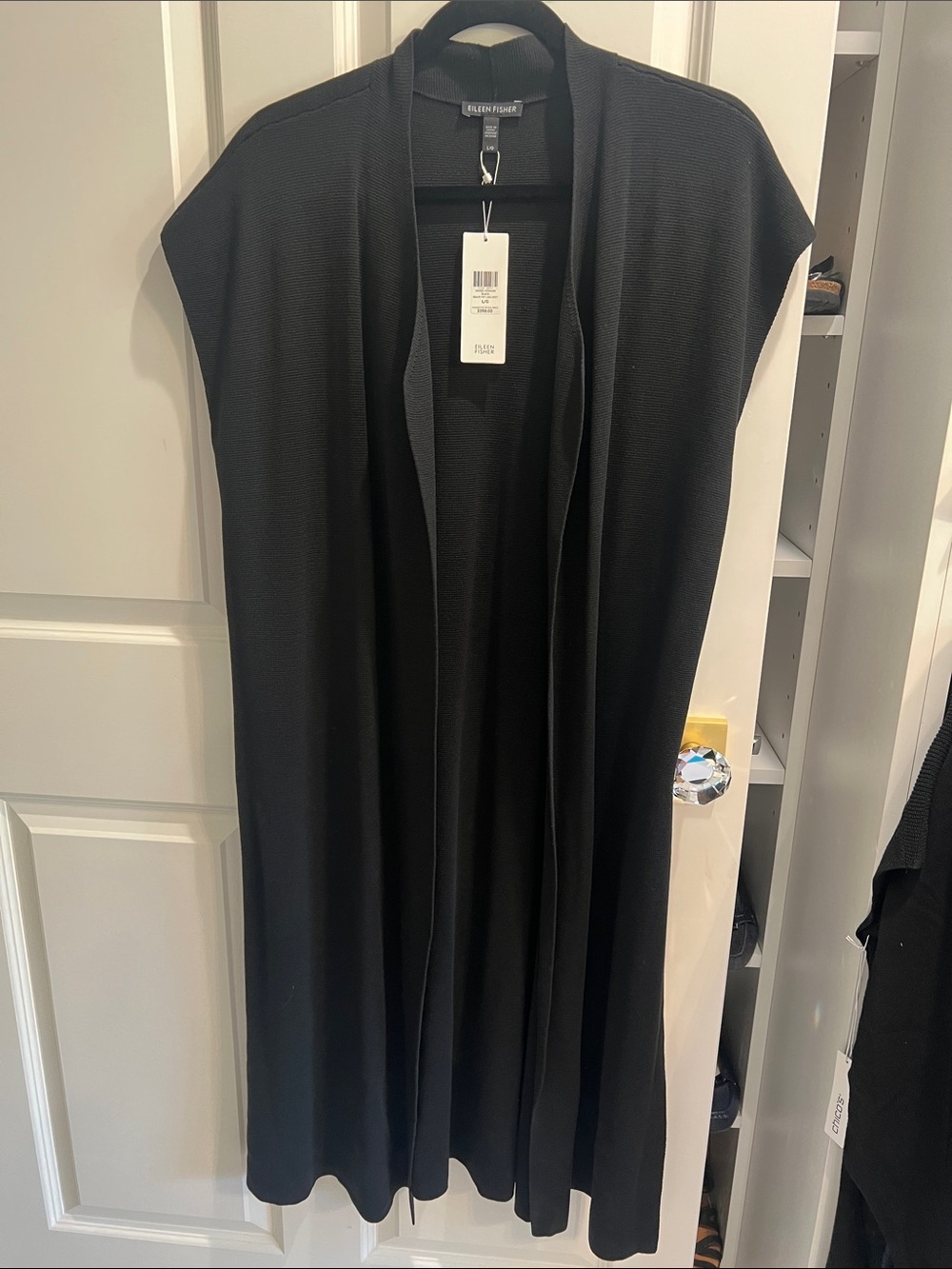 Eileen Fisher Black drape front long vest in silk and organic cotton interlock